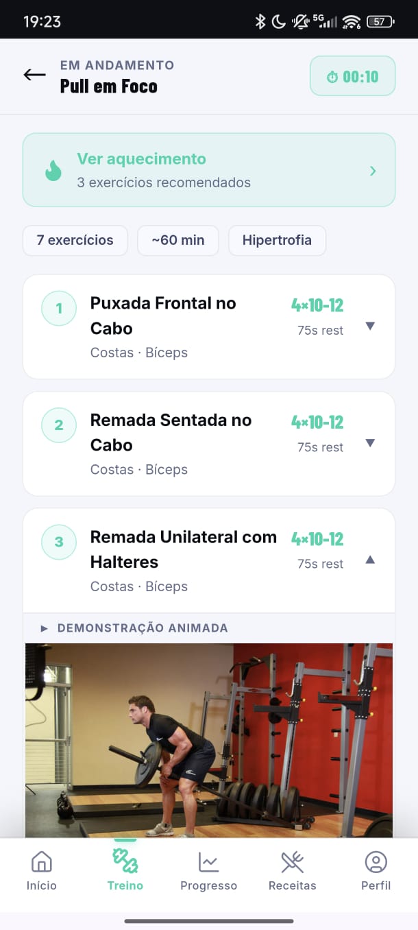 Modo planilha — treino completo do dia com series e descanso